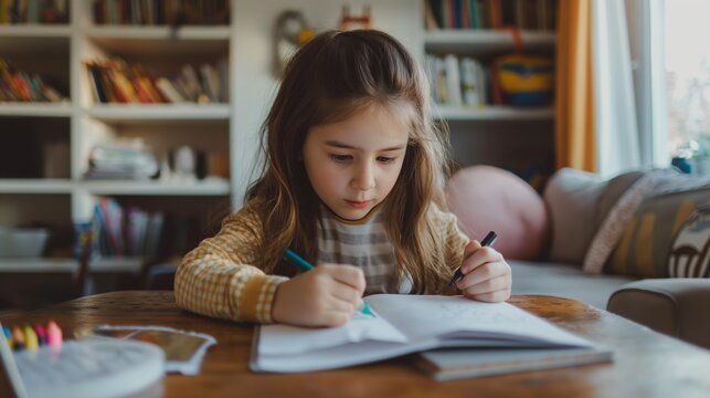 A young girl writing with both hands, sitting at a wooden table in a cozy, well-lit room with shelves of books in the background