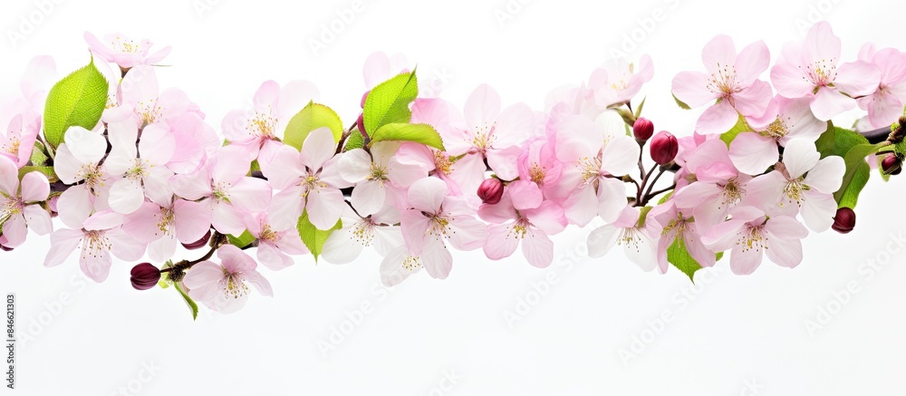 Poster Spring blossoms of apple flowers beautifully displayed on a white background with room for additional text or graphics; ideal for a copy space image.