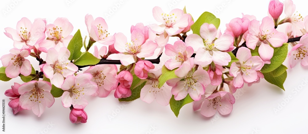 Poster spring blossoms of apple flowers beautifully displayed on a white background with room for additiona