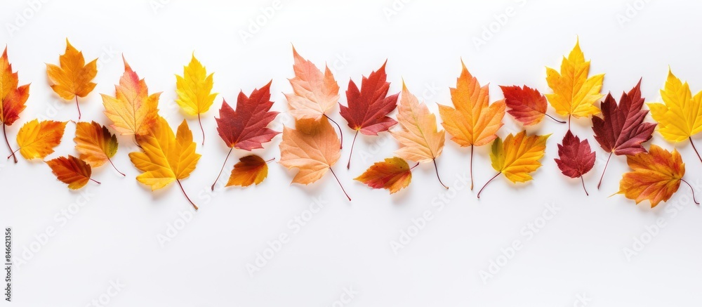 Aufkleber Autumn leaves arranged on a white background creating a flat lay composition with copy space image.