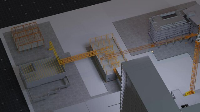 under construction site engineering with frame structure and tower crane 3D looping animation realistic generic 4k