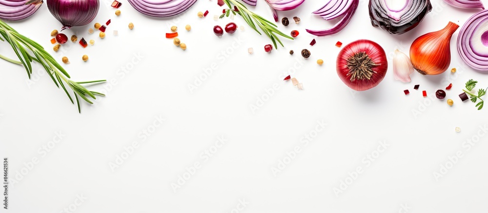 Poster Top view of red onion and spices against a white backdrop with copy space image.