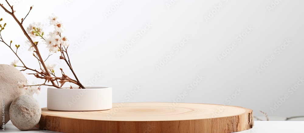 Poster Minimal modern product display on white background featuring a wood slice podium and spring branches, creating a scene for showcasing new products with copy space image.