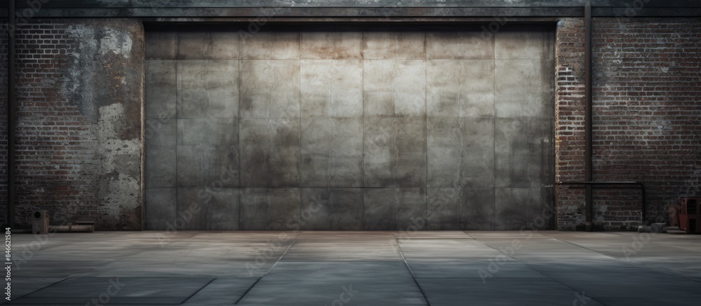 Poster an industrial setting with an empty urban street featuring a grungy warehouse brick wall in the back