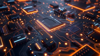 Close up of a black circuit board with a glowing chip, featuring a blue and orange color scheme 