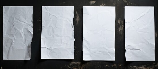 Four torn white paper sheets against a black wall with copy space image.