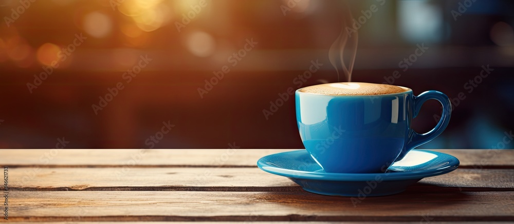 Poster blue cup of coffee on a wooden cafe table with a backdrop of soft lighting, ideal for a copy space i