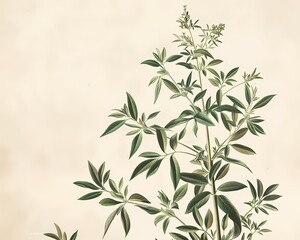 Fototapeta premium Vintage botanical drawing of a single flower tree branch on beige color background, wallpaper, wall art