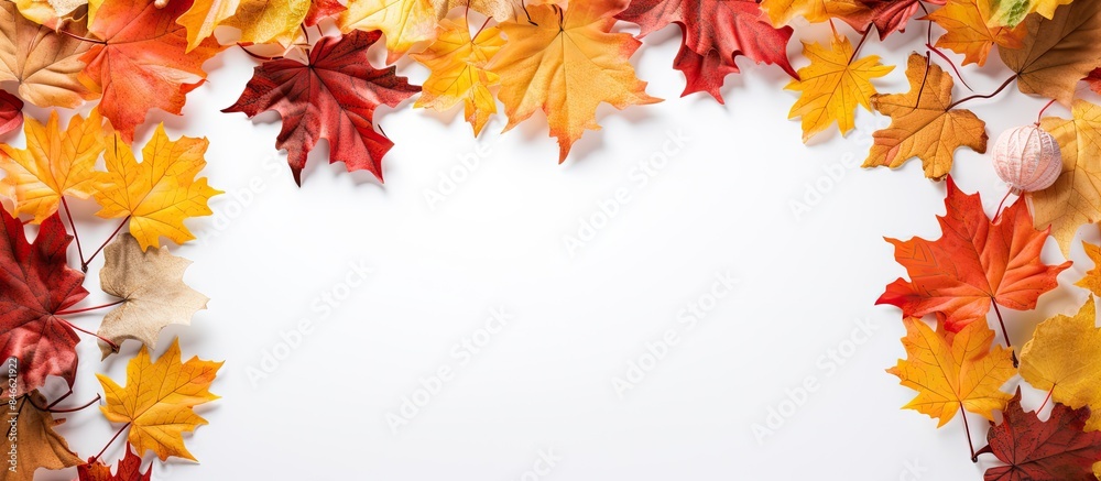 Poster autumn-themed arrangement featuring a frame formed by vibrant maple leaves on a white surface. viewe