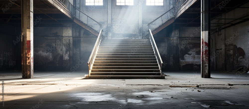 Aufkleber Abandoned factory featuring a large stone stairway with ample copy space image available.