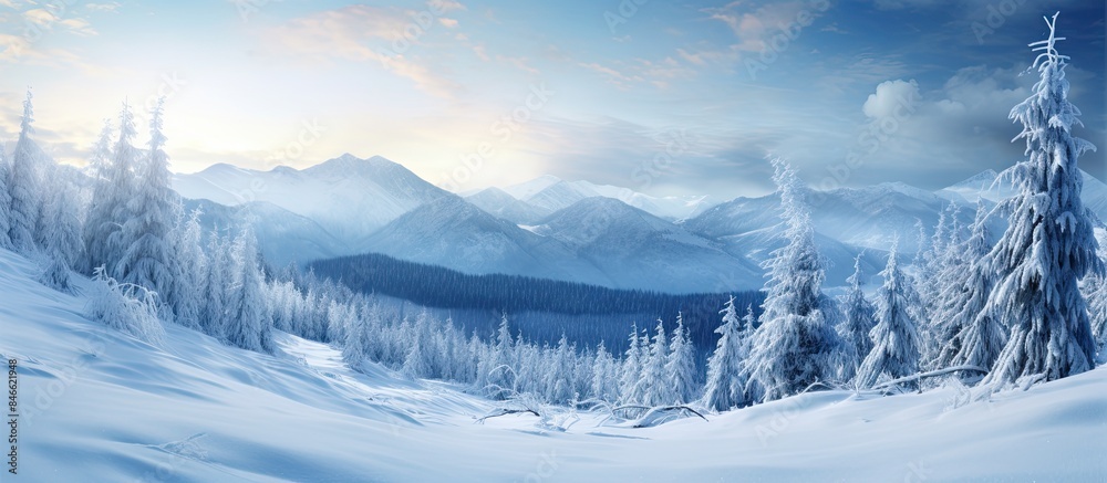 Poster winter mountain valley scene featuring snow-covered pines captured in soft light creates an amazing 