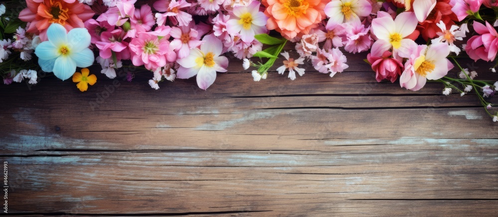 Fototapete Flowers displayed on a rustic wooden surface, providing a charming backdrop with copy space image.