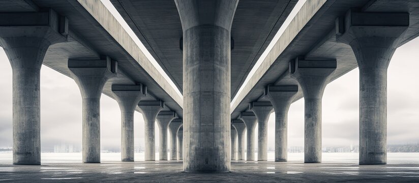 Explore the massive concrete bridge pillars from below, capturing the power of infrastructure and the charm of urban exploration in the copy space image.