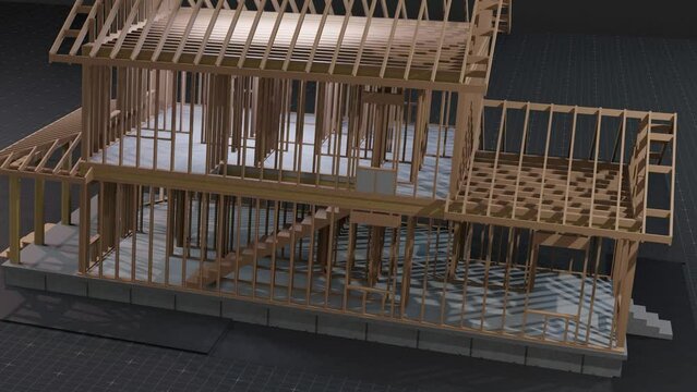 under construction house site, frame structure, seamless looping 3D realistic animation