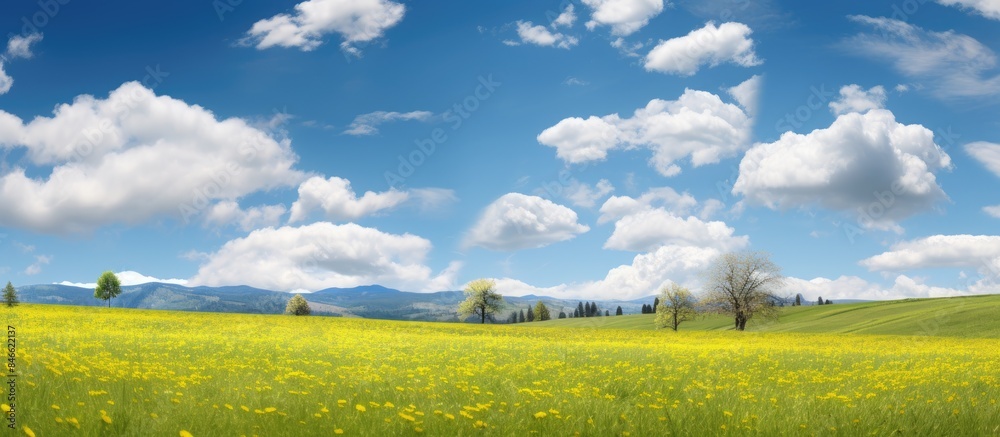 Fototapete scenic meadow with lush grass and yellow dandelions under a soft blue sky with clouds adds to the se