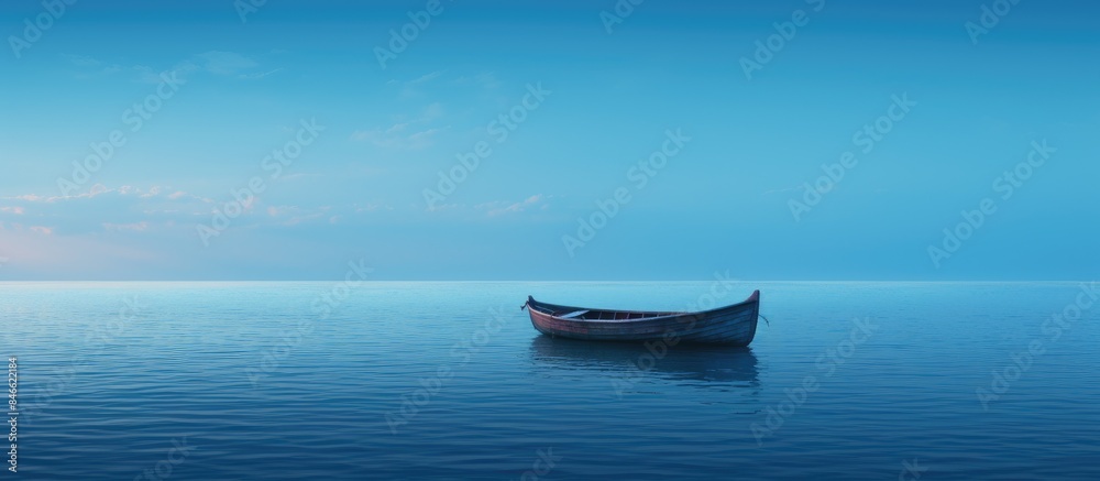 Poster a solitary boat adrift in the vast ocean expanse, with an abundance of empty space in the background