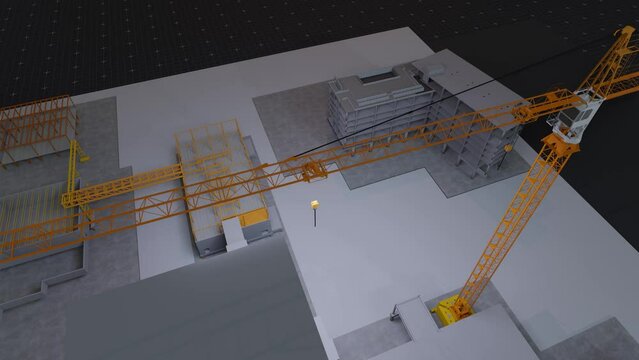 under construction site engineering with frame structure and tower crane 3D looping animation realistic generic 4k