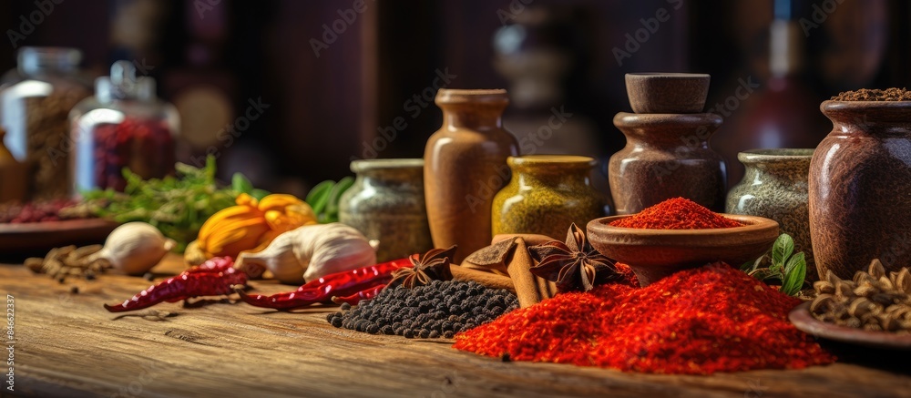 Aufkleber various spices and herbs displayed on a kitchen table with copy space image.