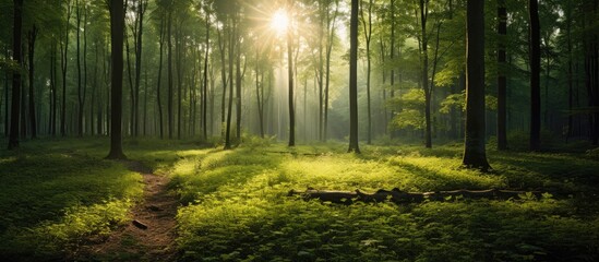 Obraz premium A wide shot of a summer forest filled with morning sunlight beams, creating a nature-themed composition ideal for ecotourism with ample copy space image.
