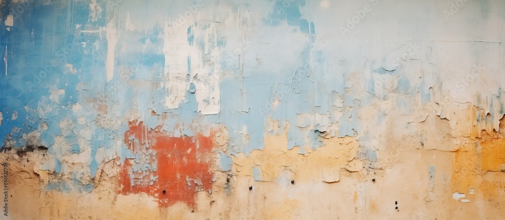 Poster faded colorful paint on an old wall creates a nostalgic aesthetic with copy space image.