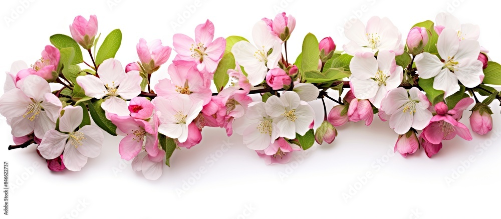 Poster spring blossoms of apple flowers beautifully displayed on a white background with room for additiona