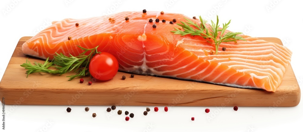 Poster close-up of a fresh salmon slice with ingredients, isolated on a white background, with copy space i