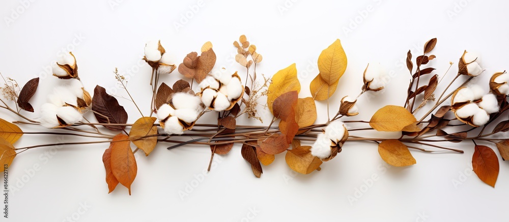 Poster autumn-themed arrangement featuring eucalyptus branches, cotton flowers, and dried leaves on a white