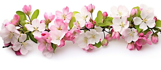 Spring blossoms of apple flowers beautifully displayed on a white background with room for additional text or graphics; ideal for a copy space image.