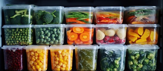 Frozen vegetables, soup, and ready meals stored in the freezer with a copy space image.