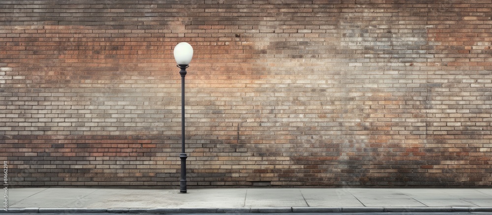 Aufkleber Brick wall and concrete columns set against a cloudy sky with a street lamp and a modern building in the background. Urban road in front, ideal for a copy space image.