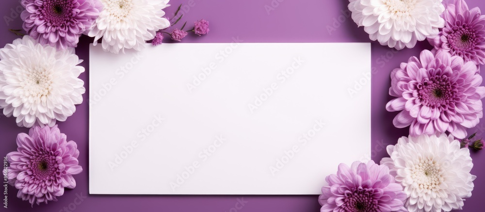 Fototapete beautiful chrysanthemum flowers arranged in a frame with a blank card on a violet background in a fl