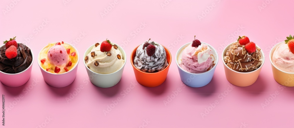 Aufkleber colorful ice cream bowls with a variety of flavors and fresh toppings arranged on a pink background 