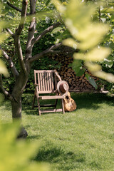 Wooden armchair with hat and acoustic guitar on the background of firewood bin. In the foreground is a beautiful walnut tree with large foliage.