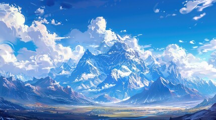 Majestic mountains under the vast blue sky with ancient sentinels reaching towards the heavens while clear rivers meander through rugged land