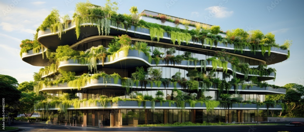 Poster Green architecture features an ecological building with a vertical garden creating a green facade, providing a refreshing and sustainable copy space image.
