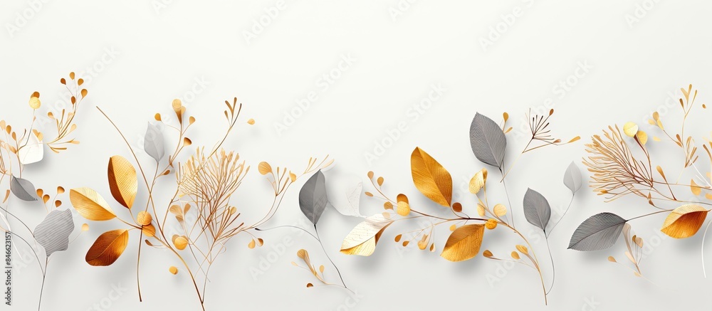 Aufkleber minimal floral design with golden flying autumn leaves of various shapes on a light gray background,