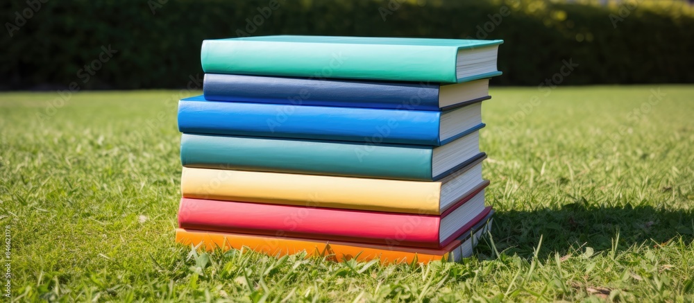 Poster Colorful books stacked on the grass at the university campus with a blank space for inserting an image. with copy space image. Place for adding text or design