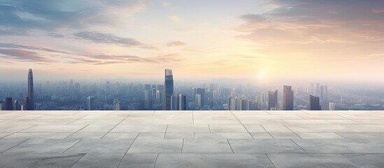 Empty marble floor with a cityscape of Kuala Lumpur at sunrise, featuring a vast panoramic view and a stunning copy space image.