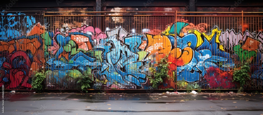 Aufkleber a fence with graffiti creating a vivid urban backdrop with copy space image.
