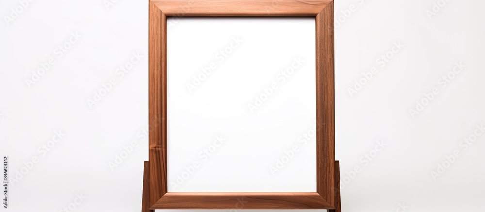 Poster brown wooden desktop photo frame displayed vertically on a white background with copy space image.