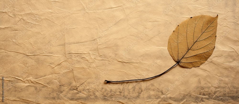 Poster detailed shot of leaf on textured handmade paper with copy space image.