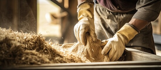 An unidentifiable laborer is cleaning gloves of sawdust; copy space image.