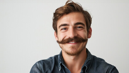 Obraz premium Portrait of a handsome young man with a dark brown beard and mustache smiling at the camera on a white background