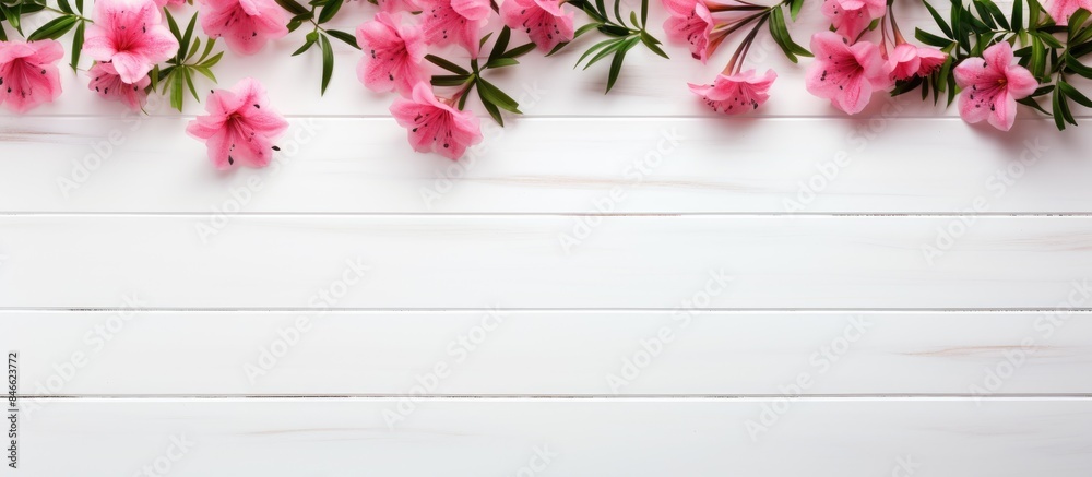 Poster Pink flowers on a white wooden background in a top view flat lay with copy space image.