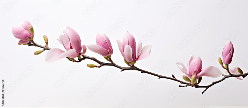 Poster Singular pink magnolia bloom on a spring branch, depicted against a white backdrop with an empty space for additional content.
