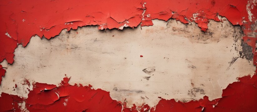 An aged, textured red poster was forcefully torn off a street wall, leaving behind a ripped paper texture in the copy space image.