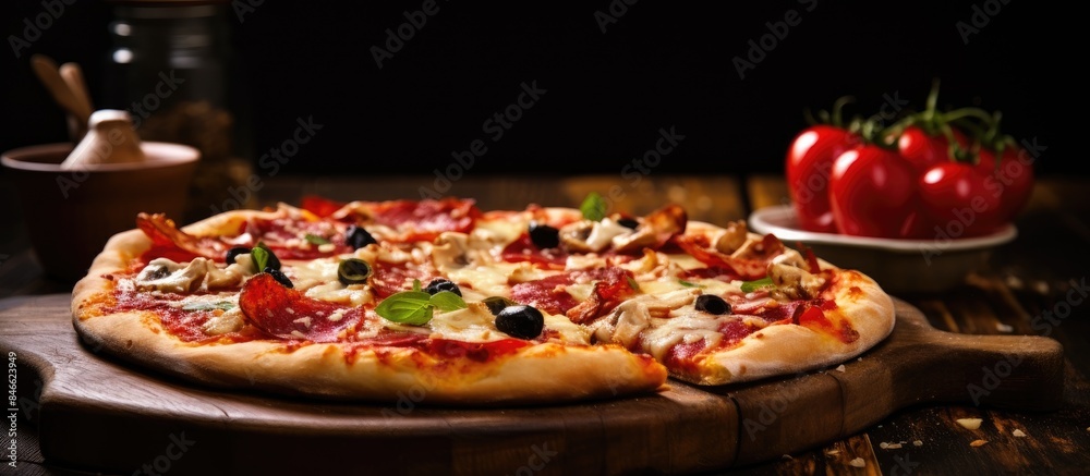 Poster delicious slice of hot pizza with a variety of toppings on a wooden board with a classic italian loo
