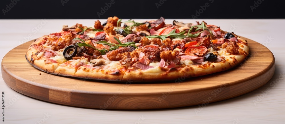 Aufkleber a mouthwatering pizza displayed on a wooden plate with a white background, perfect for showcasing in