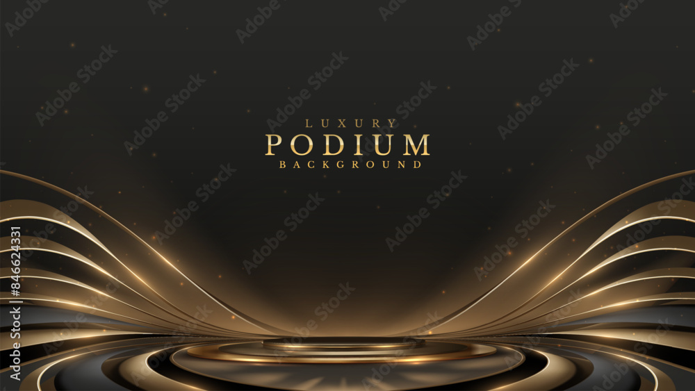 Wall mural elegant black and gold podium background with flowing lines and sparkling elements, perfect for luxu