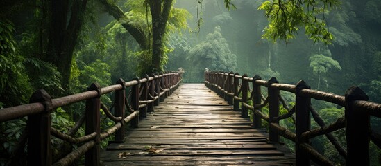 Fototapeta premium Explore serenity on a weathered wooden bridge with a view of a lush hillside, perfect for nature enthusiasts and ecotourists, offering a peaceful setting amidst nature's beauty. with copy space image